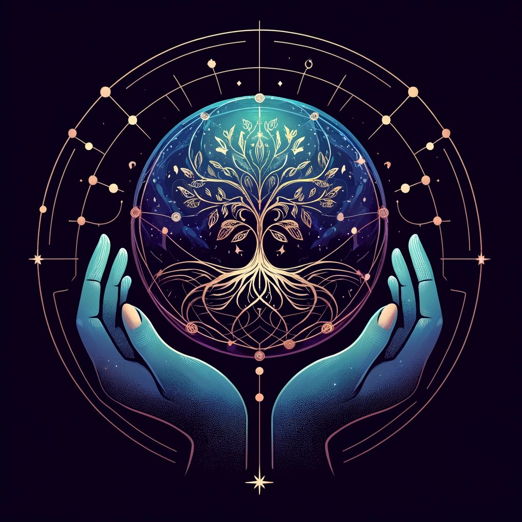 A minimalistic logo featuring a glowing orb with a delicate tree of life inside. The tree’s branches and roots are intricately intertwined, symbolizing harmony and connection. The orb is surrounded by subtle constellations against a clean gradient background of deep blues and purples, with hints of gold accents. The design is sleek, modern, and celestial, evoking a sense of cosmic balance.